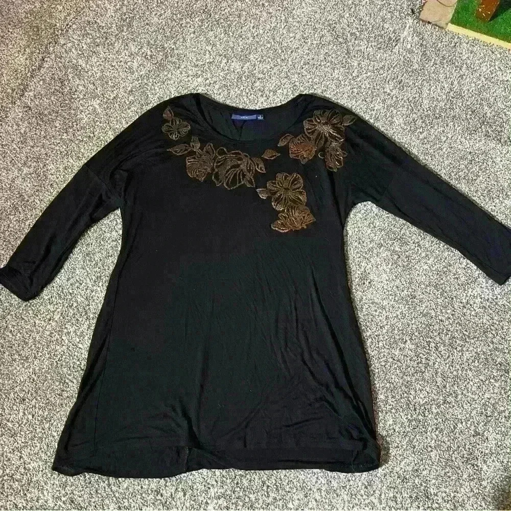 Apt 9 Womens Size Small Black/Gold Floral Stretch Knit Blouse 3/4 Sleeve
